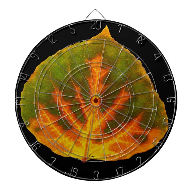 Green Orange & Yellow Aspen Leaf #1 Dartboard With Darts (Front)