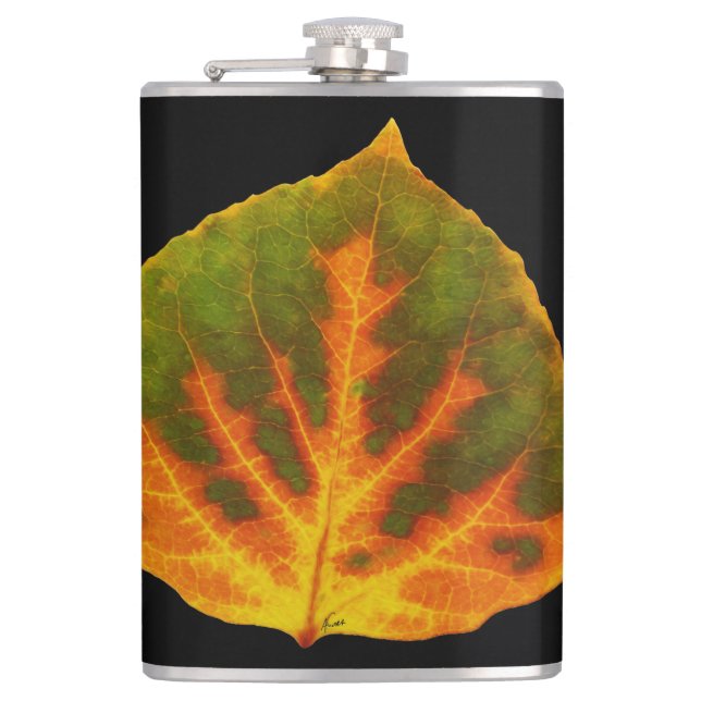 Green Orange & Yellow Aspen Leaf #1 Flask (Front)