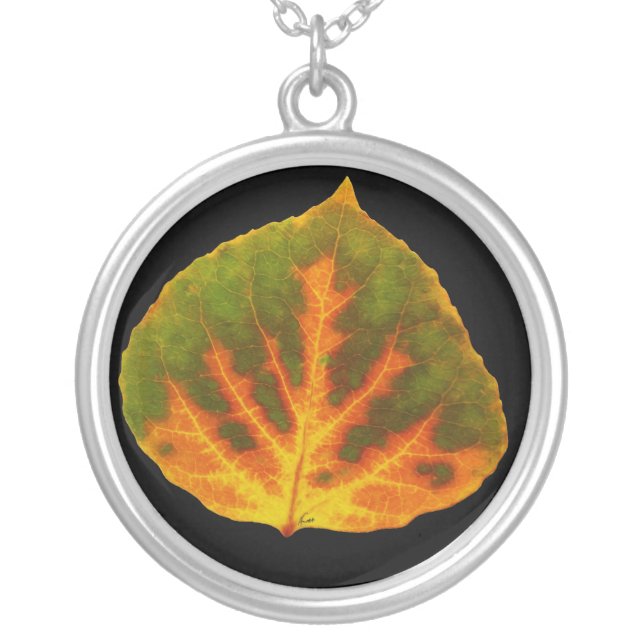 Green Orange & Yellow Aspen Leaf #1 Silver Plated Necklace (Front)