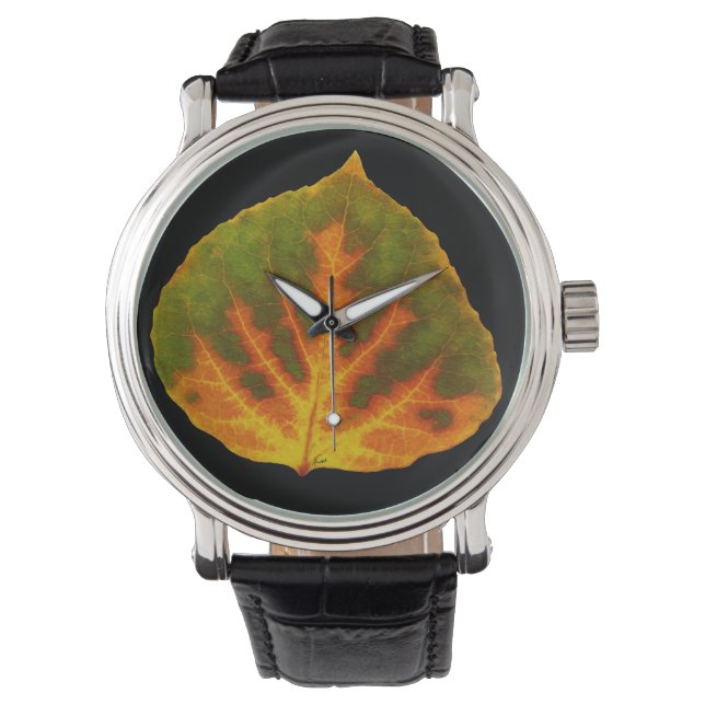 Green Orange & Yellow Aspen Leaf #1 Watch (Front)