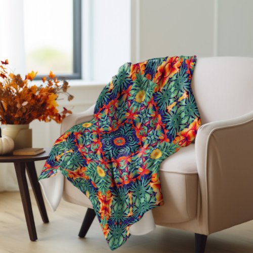 Green Orange Yellow Blue Abstract Tropical Pattern Fleece Blanket