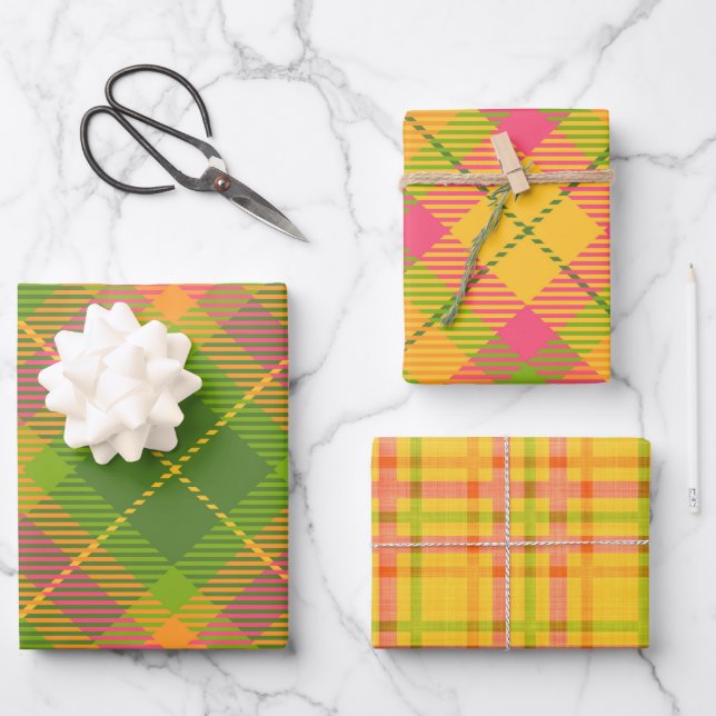 GREEN ORANGE YELLOW PINK PLAID PATTERNS WRAPPING PAPER SHEETS (Front)