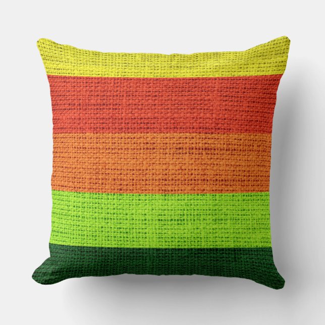 Green Orange Yellow Stripes Burlap Rustic Jute Throw Pillow (Front)