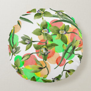 Green orchids: watercolor floral seamless. round pillow