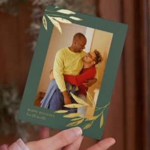 Green Organic Natural Christmas Wedding Photo Gold Foil Holiday Card