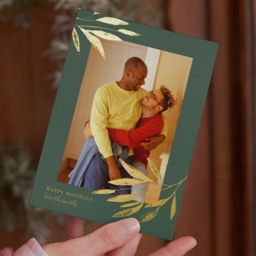 Green Organic Natural Christmas Wedding Photo Gold Foil Holiday Card
