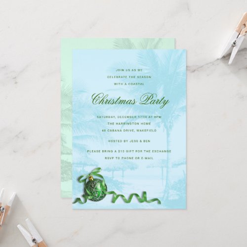 Green Ornament blue Christmas Party Tropical theme Invitation