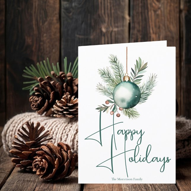 Green Ornament Trendy Happy Holidays Script Holiday Card (Creator Uploaded)