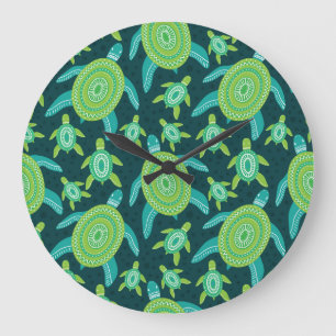 Green ornament turtles: vintage pattern. large clock