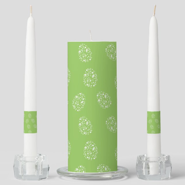 Green ornamental eggs pattern unity candle set (Front)