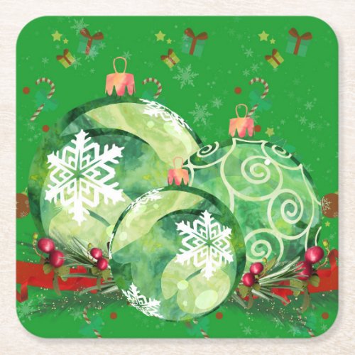 Green Ornaments and Red Berries on Green  Square Paper Coaster