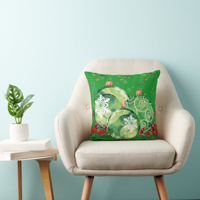 Green Ornaments and Red Berries on Green  Throw Pillow (Chair)