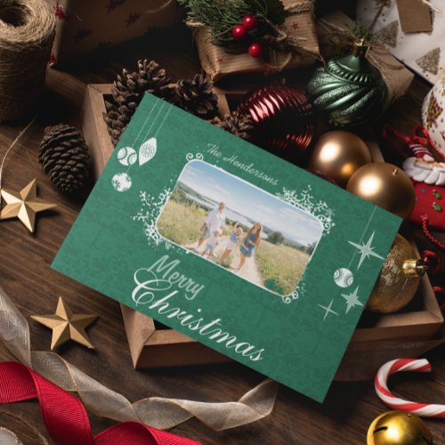 Green Ornaments Retro Christmas Family  Photo Holiday Postcard
