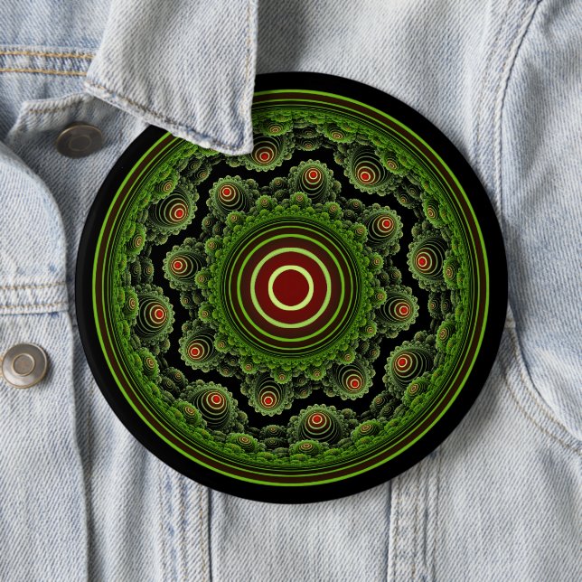 Green ornate natural fractal round ornament button (In Situ)