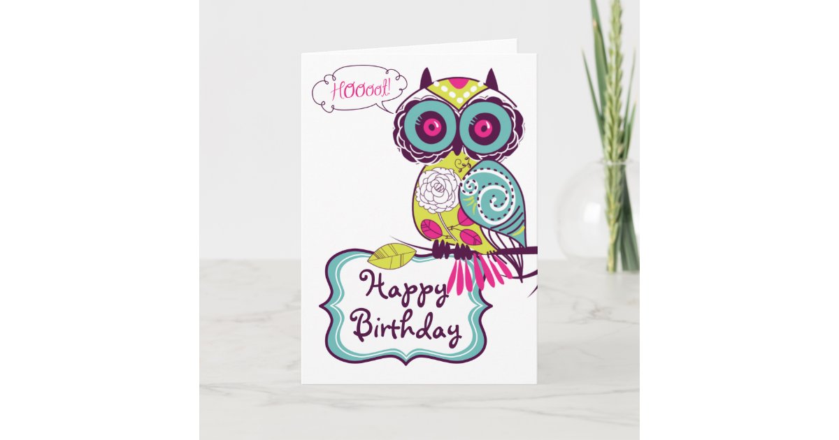 Green Ornate Retro Floral Owl Happy Birthday Card | Zazzle