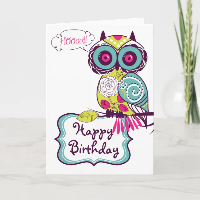 Green Ornate Retro Floral Owl Happy Birthday Card | Zazzle