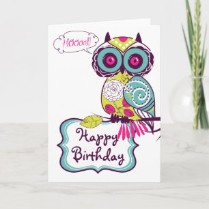 Green Ornate Retro Floral Owl Happy Birthday Card