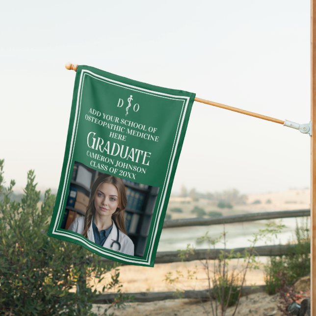 Green Osteopathic Medical School Graduation Photo House Flag (Insitu (Back))