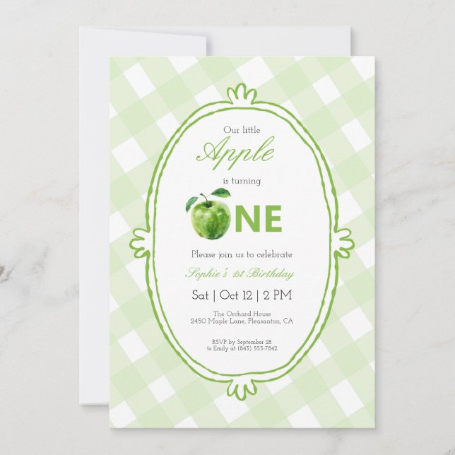 Green Our Little Apple First Birthday Invitation (Front)