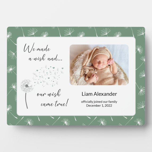 Green Our Wish Came True New Baby Newborn Photo Plaque (Front)