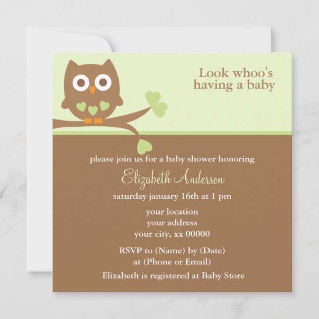 Green Owl Baby Shower Invitation (Front)