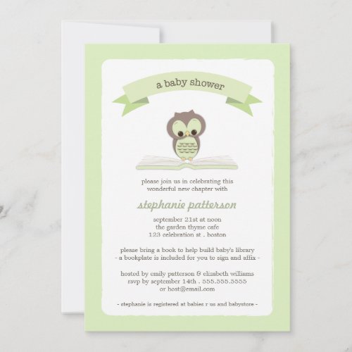 Green Owl Bring a Book Baby Shower Invitation