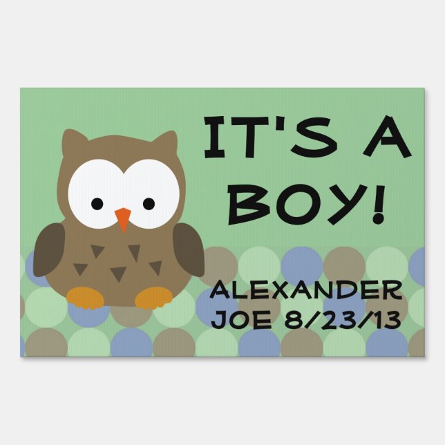 Green Owl, It's a Boy Baby Yard Sign (Front)