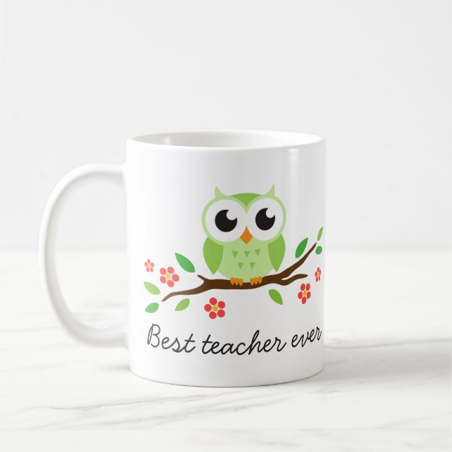 Green owl on branch best teacher custom text coffee mug (Left)