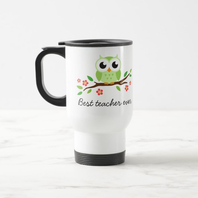 Green owl on floral branch best teacher ever travel mug (Left)