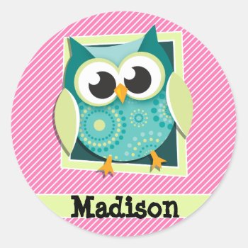 Green Owl On Pink & White Stripes Classic Round Sticker by Birthday_Party_House at Zazzle