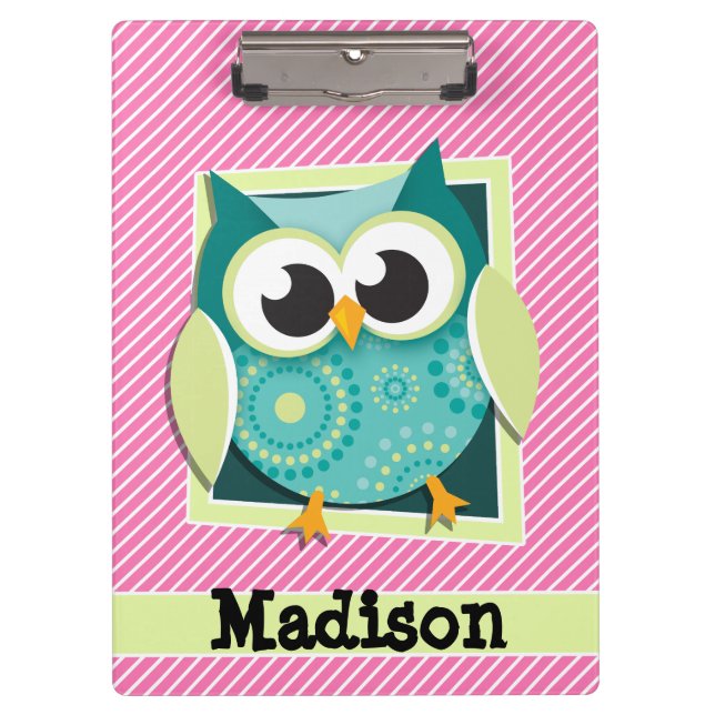Green Owl on Pink & White Stripes Clipboard (Front)