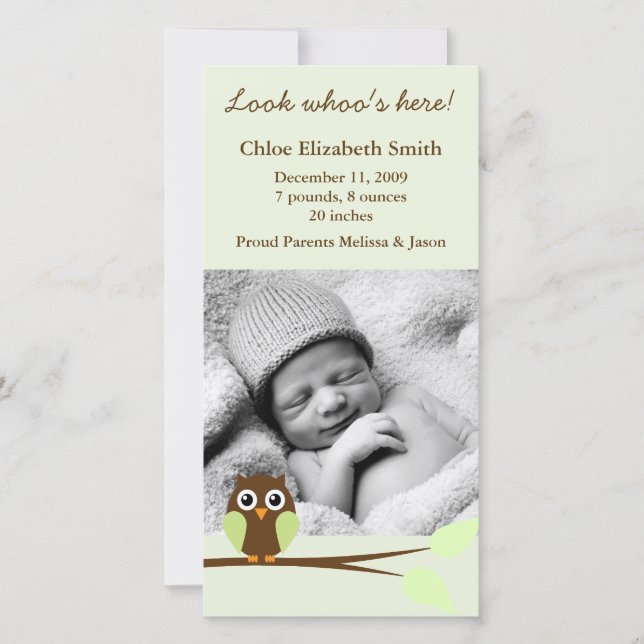 Green Owl Photo Birth Announcements (Front)