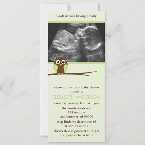 Green Owl Sonogram Baby Shower Invitation