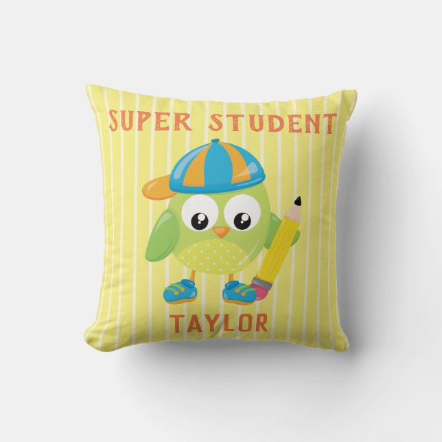Green Owl Super Student Throw Pillow (Front)