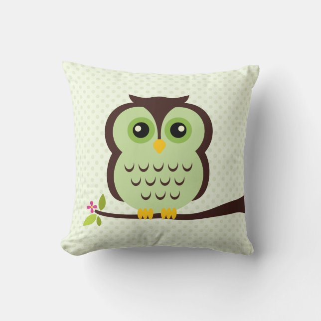 Green Owl Throw Pillow (Front)
