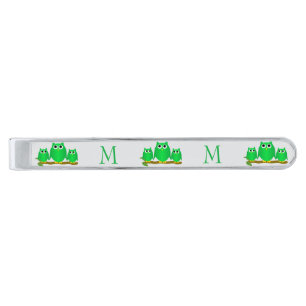 Green Owls Design Monogrammed Silver Finish Tie Bar