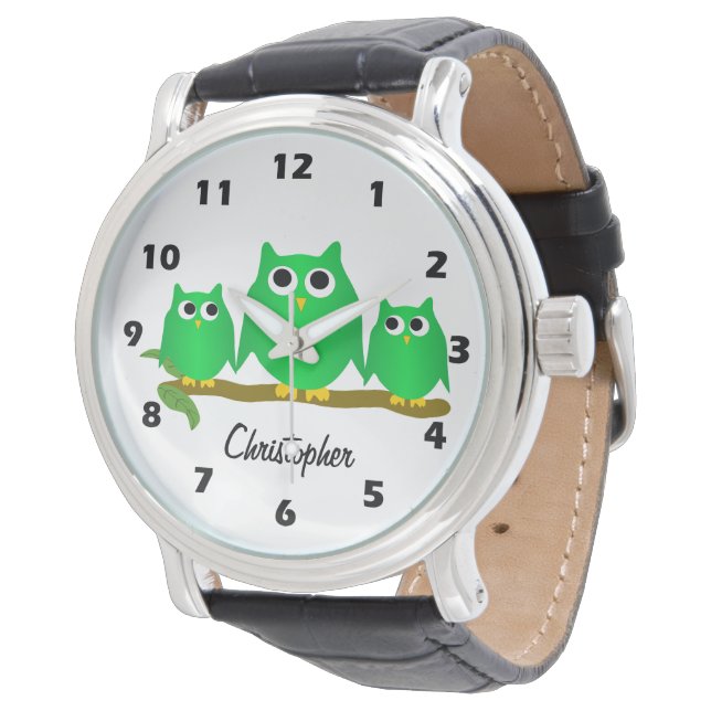 Green Owls Design Personalised Watch (Angled)