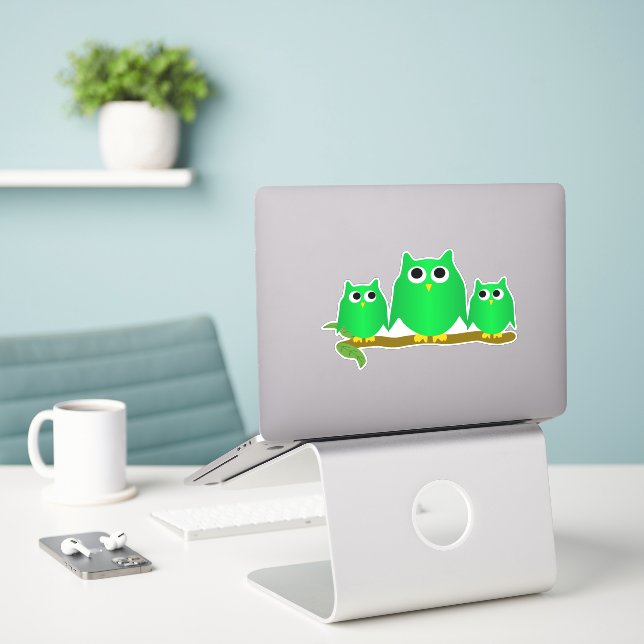 Green Owls Design Sticker (Laptop On Desk)