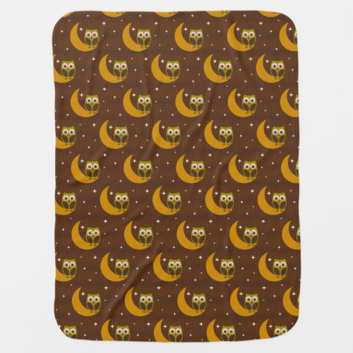 Green Owls with Moons  Stars on Dark Brown Baby Blanket
