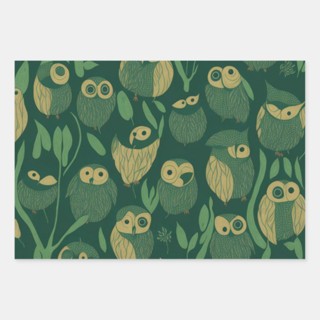 Green Owls Wrapping Paper Sheets (Front)