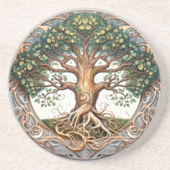 Green Pagan Tree of Life Sandstone Coaster (Front)