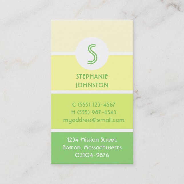 Green paint chip modern monogram personal calling business card (Front)