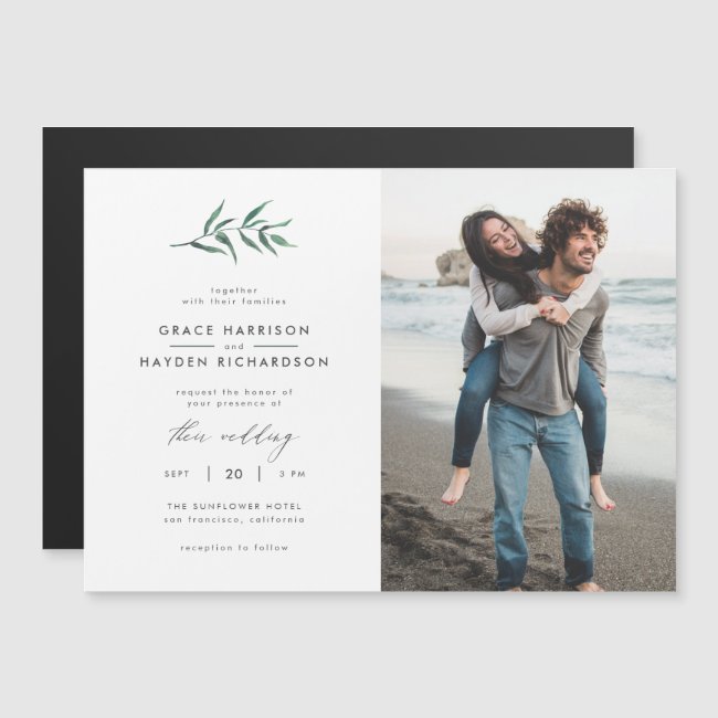 Green Painted Botanical Minimalist Wedding Photo Magnetic Invitation