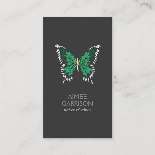 Green Painted Butterfly Logo on Dark Gray Vertical Business Card