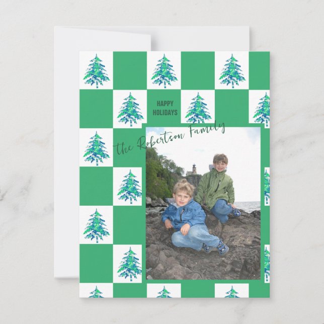 Green Painterly Xmas Tree Checkerboard Photo  Note Holiday Card (Front)