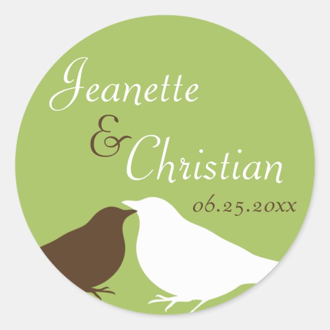 Green pair love birds wedding favor seal label (Front)