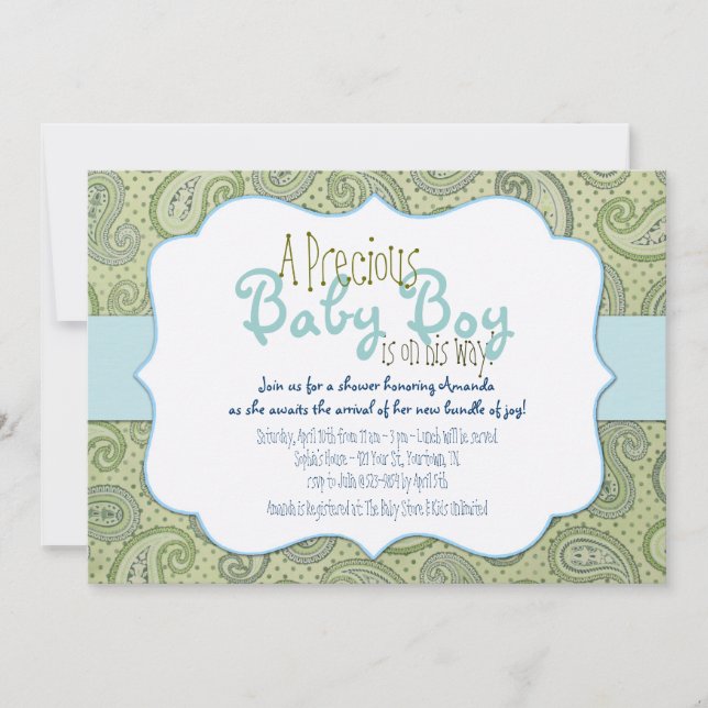 Green Paisley Baby Boy Shower Invitation (Front)