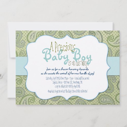 Green Paisley Baby Boy Shower Invitation