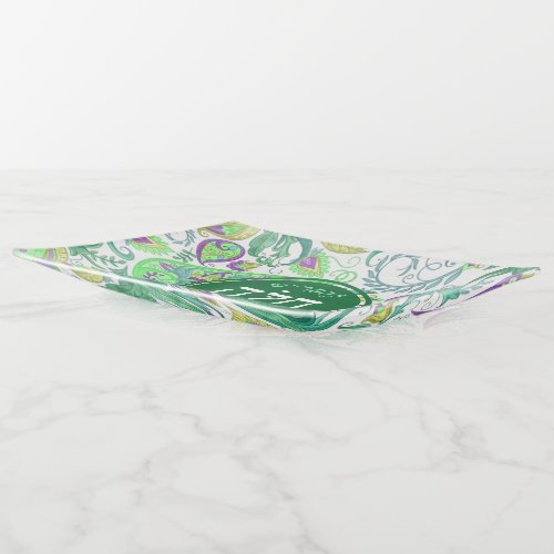 Green Paisley Hebrew Glass Challah Plate Tray