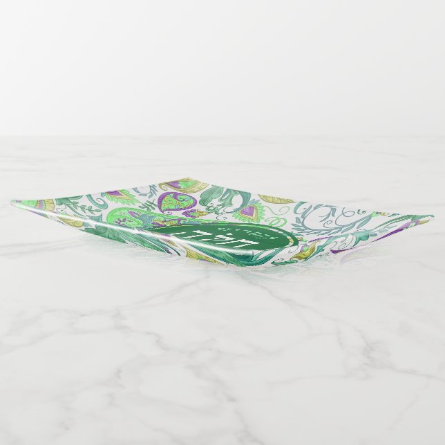 Green Paisley Hebrew Glass Challah Plate Tray (Angled)
